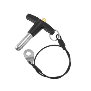 May include: A black and silver quick release pin with a black T-shaped handle and a black cord with a metal loop.
