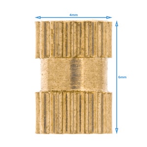 May include: A brass threaded insert with a 4 mm diameter and 6 mm height. The insert has a knurled exterior for a secure grip.