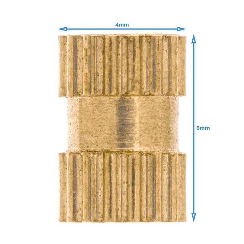 May include: A brass threaded insert with a 4 mm diameter and 6 mm height. The insert has a knurled exterior for a secure grip.