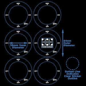 Impression blanche 6 grands cadrans Ignite Hi Med Lo AC/CCW 58 mm 2,3" Étiquette dos transparent - 6 boutons de plaque de cuisson autocollants de brûleur de four Autocollant de remplacement pour cuisinière à gaz