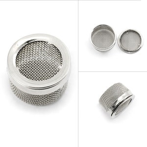 May include: Close-up shots of stainless steel mesh strainers. The strainers have a fine mesh design and a silver-colored metal frame. The image shows the strainers from different angles, highlighting their construction and design.