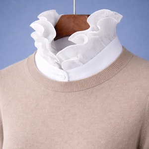 White Ruffle Classic Satin False Upright Collar Design For Women Girls Ladies Collared Button Turtle Neck Top Blouse Turtleneck Shirt Bust image 2