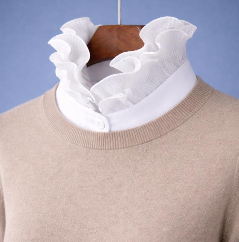 White Ruffle Classic Satin False Upright Collar Design For Women Girls Ladies Collared Button Turtle Neck Top Blouse Turtleneck Shirt Bust image 2