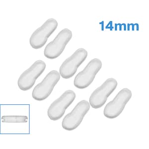 May include: Ten clear, white, 14mm round eyeglass nose pads. The pads are shaped like a small oval.