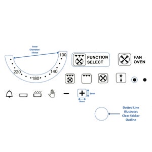 May include: White appliance control panel sticker with black graphics. Features a temperature dial, function select, fan oven, and other operational symbols. The inner diameter of the dial is 4.4cm. Includes a dotted line illustrating a clear sticker outline.