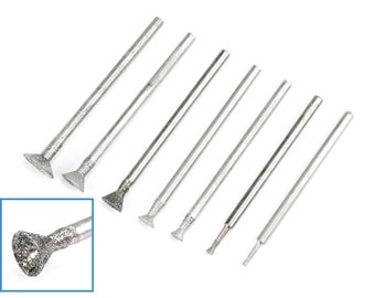 7pcs 1mm - 8mm Concave Disc Taper Head Diamond Burr 2.3mm Shank Grinding Carving Gem Stone File Tip Tipped Mount Rotary Drill Bit Tool Set