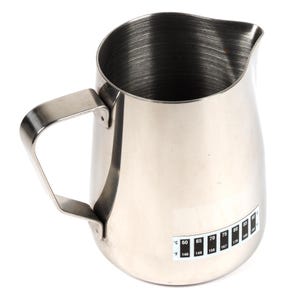 May include: A stainless steel milk frothing pitcher with a handle and a temperature scale in both Celsius and Fahrenheit. The scale ranges from 60 to 85 degrees Celsius and 140 to 185 degrees Fahrenheit.