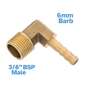 May include: Brass 3/8 inch BSP male to 6mm barb elbow fitting. The fitting is made of brass and has a 3/8 inch BSP male thread on one end and a 6mm barb on the other end.