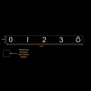 Op de afbeelding: Een witte sticker met de nummers 0, 1, 2, 3 en een symbool van een gloeilamp met een cirkel eromheen. De sticker is 76 mm breed en 9 mm hoog. Een gestippelde lijn illustreert de omtrek van de sticker.