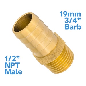 May include: Brass 1/2 inch NPT male to 3/4 inch barb fitting. The fitting is made of brass and has a gold finish. It is used to connect a 1/2 inch NPT pipe to a 3/4 inch hose.