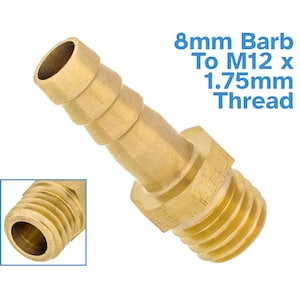 Peut inclure: Raccord en laiton de 8 mm à barbillon vers filetage M12 x 1,75 mm. Le raccord a une extrémité filetée et une extrémité à barbillon pour le raccordement de tuyaux.