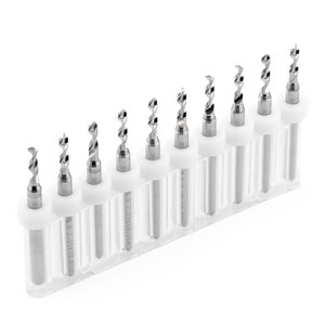 May include: A set of ten drill bits in a clear plastic case. The drill bits are arranged in order of size, with the smallest bit on the left and the largest bit on the right. The drill bits are all silver in colour and have a black tip.