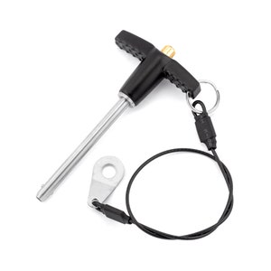 May include: A black and silver quick release pin with a black T-shaped handle and a black cord with a metal ring. The pin is attached to the cord with a black plastic clip.