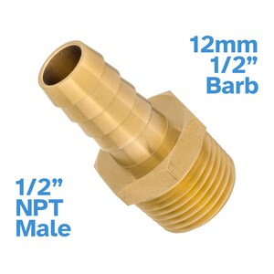 Può includere: Raccordo per tubo in ottone maschio NPT da 1/2 pollice a barb da 1/2 pollice. Il raccordo è di colore dorato.