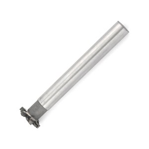 May include: A silver metal end mill with a fluted cutting edge. The end mill is used for machining operations.