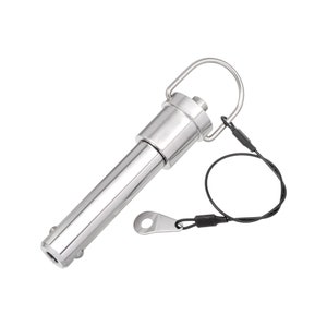 May include: A silver metal clevis pin with a loop handle and a safety tether. The pin is designed for use in a variety of applications, such as securing trailers, gates, and other equipment.