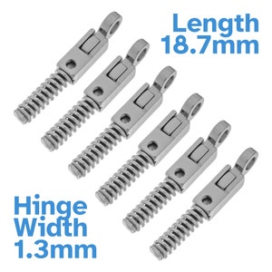 May include: Six silver-coloured metal spring hinges arranged diagonally. Each hinge features a coiled spring section and a flat connector with a circular loop at the end. Text on the image indicates a length of 18.7mm and a hinge width of 1.3mm.