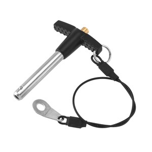 May include: A black and silver quick release pin with a T-shaped handle and a black cord attached to a metal ring.