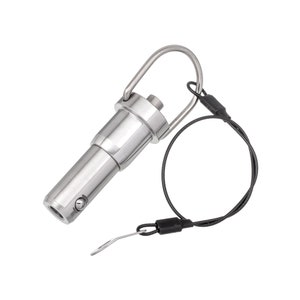 May include: A silver metal quick release pin with a loop and a black cord attached. The pin has a spring-loaded mechanism and a small ball bearing.
