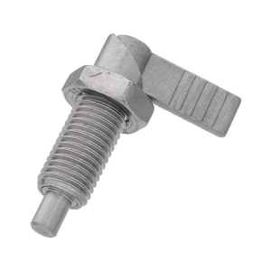 Puede incluir: Un pestillo de metal plateado con un eje roscado y una manija de palanca. La manija tiene una superficie texturizada.