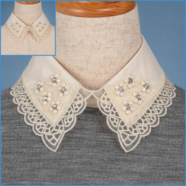 Cream False Straight Embroidered Beaded Lace Polyester Collar Elegant Beige Vintage Style Women Girls Ladies Collared Neckwear Neck Blouse