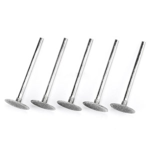 May include: Five silver-colored diamond grinding bits with a round, flat head. The bits are designed for use with a rotary tool.