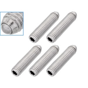 May include: Six silver-toned, round-headed screws with a hexagonal drive. The screws have a ball-shaped head.
