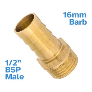 May include: Brass 1/2 inch BSP male to 16mm barb hose fitting. The fitting is made of brass and has a 1/2 inch BSP male thread on one end and a 16mm barb on the other end.