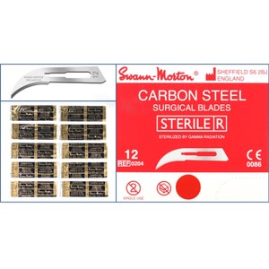 10 lames de scalpel stériles scellées en acier au carbone Swann Morton n° 12, coupe artisanale à la cire - Convient pour les manches n° 3, 5, 7, 9 et B3