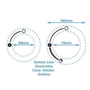 Könnte beinhalten: Diagramm mit zwei Kreisen, die von gepunkteten Linien umgeben sind. Die Kreise haben einen Durchmesser von 60 mm und 75 mm. Der Text "Dotted Line Illustrates Clear Sticker Outline" befindet sich unterhalb der Kreise.