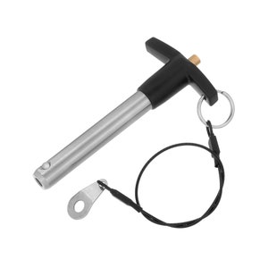 May include: A silver and black quick release pin with a black handle and a black cord with a metal ring.