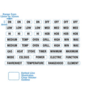 Letras de texto preto Funções principais Forno Fogão Etiqueta Adesivos para fogão Dial Knob Switch Hi Low Min Max Temporizador de gás no Med Heat Grill Cooker