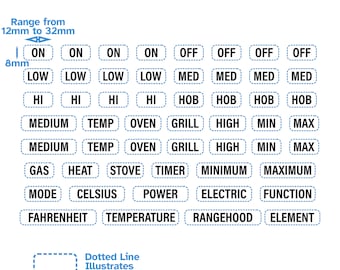 Schwarzer Text-Schriftzug-Hauptfunktionen-Ofen-Herd-Label-Aufkleber für Hob Dial-Knopf-Schalter Hi Low Min Max-Gas-Timer auf Med-Hitze-Grill-Herd