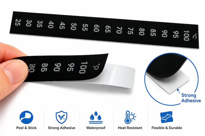 May include: A black adhesive temperature strip with white numerical markings from 25 to 100 degrees Celsius. The strip features a peel-off backing to reveal a strong adhesive layer. Icons below indicate features including peel and stick, strong adhesive, waterproof, heat resistant, and flexible and durable properties.
