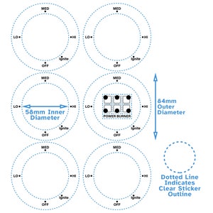 6 große Zifferblätter Ignite Hi Med Lo AC / CCW 58 mm 2,3 "Label - schwarzer Druck klare Rückseite - Kochknopf Brenner Ofen Aufkleber Ersatz Gasherd Aufkleber