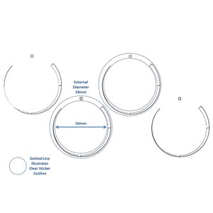 May include: Diagram showing three circles with dotted lines around them. The circles are labeled with the letter "O". The largest circle has an external diameter of 58mm. The middle circle has a diameter of 50mm. The dotted line illustrates the outline of a clear sticker.
