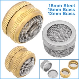 May include: Three different sizes of mesh filters for water pipes. The filters are made of brass and stainless steel. The filters are 18mm, 18mm, and 13mm in diameter.