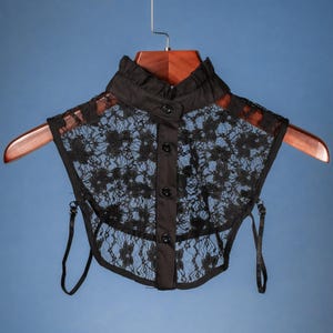 May include: Black lace collar with a button fastening and adjustable straps. The collar is made from a delicate, sheer fabric and has a ruffled edge.