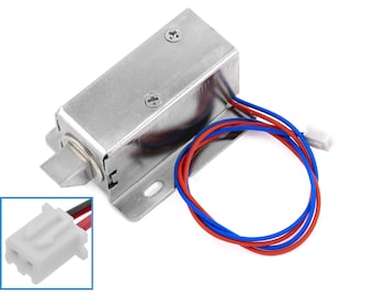 May include: A silver electric door lock with a white connector and red and blue wires. The lock has a metal latch and a small metal plate on the side.
