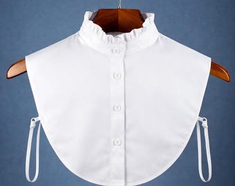 White Upright Collar Classic Cotton Ruffle False Design For Women Girls Ladies Collared Button Classical Shirt Turtle Neck Top Bust Blouse
