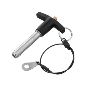 May include: A black and silver quick release pin with a black T-handle and a black cord with a metal ring.