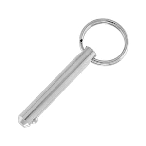 Könnte beinhalten: Ein silberner, federbelasteter Stift aus Metall mit einem Ring. Der Stift ist als Schnellverschluss konzipiert.
