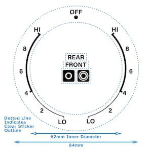 Op de afbeelding: Een zwart-wit diagram van een knop met een stippellijncontour. De knop is gemarkeerd met de nummers 2, 4, 6 en 8. De knop heeft de woorden "HI", "LO", "OFF" en "REAR FRONT" erop gedrukt. De knop heeft een diameter van 62 mm en 84 mm.