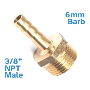 May include: Brass 3/8 inch NPT male to 6 mm barb hose fitting. The fitting has a threaded end and a barb end for connecting to a hose.