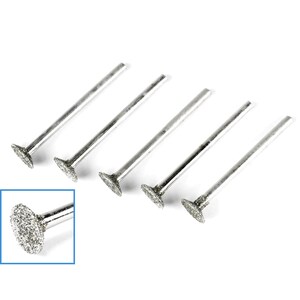 May include: Set of six silver diamond-tipped grinding bits for use with a rotary tool. The bits have a pointed tip and a flat, round base.