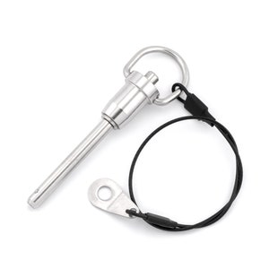 May include: A silver quick release pin with a black tether. The pin has a loop on the end and a spring-loaded mechanism.