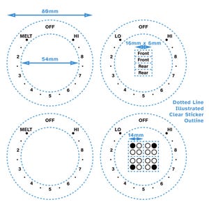 Puede incluir: Diagrama que muestra cuatro diseños circulares diferentes con líneas punteadas y etiquetas de texto. El primer diseño tiene un diámetro de 54 mm y está etiquetado como "MELT", "OFF" y "HI". El segundo diseño tiene un diámetro de 16 mm por 6 mm y está etiquetado como "LO", "OFF" y "HI". El tercer diseño tiene un diámetro de 14 mm y está etiquetado como "MELT", "OFF" y "HI". El cuarto diseño tiene un diámetro de 14 mm y está etiquetado como "LO", "OFF" y "HI".