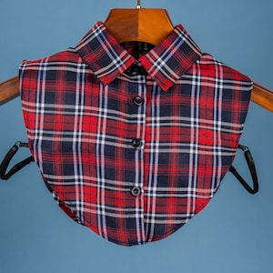 Red Black Tartan Check False Classic Cotton Collar Design For Women Girl Ladies Collared Button Shirt Bust Blouse Top Sweater Oxford Pointed