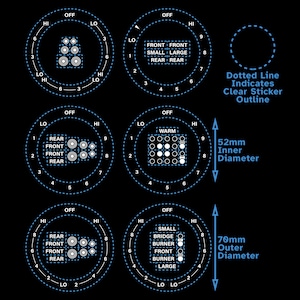 Könnte beinhalten: Diagramm mit fünf verschiedenen Brennerkonfigurationen für ein Gaskochfeld. Die Konfigurationen umfassen vorne, hinten, klein, groß und warm. Das Diagramm zeigt auch die inneren und äußeren Durchmesser des Kochfelds, die 52 mm bzw. 70 mm betragen.