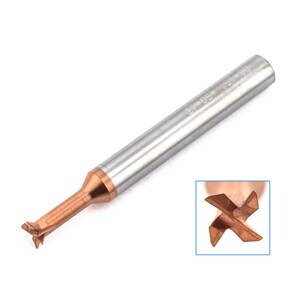 May include: A close-up of a small, silver and copper-coloured end mill with a three-flute cutting head. The end mill has a shank diameter of 0.09 inches and a length of 1.75 inches. The text "LY*0.9* 1.75" is engraved on the shank.